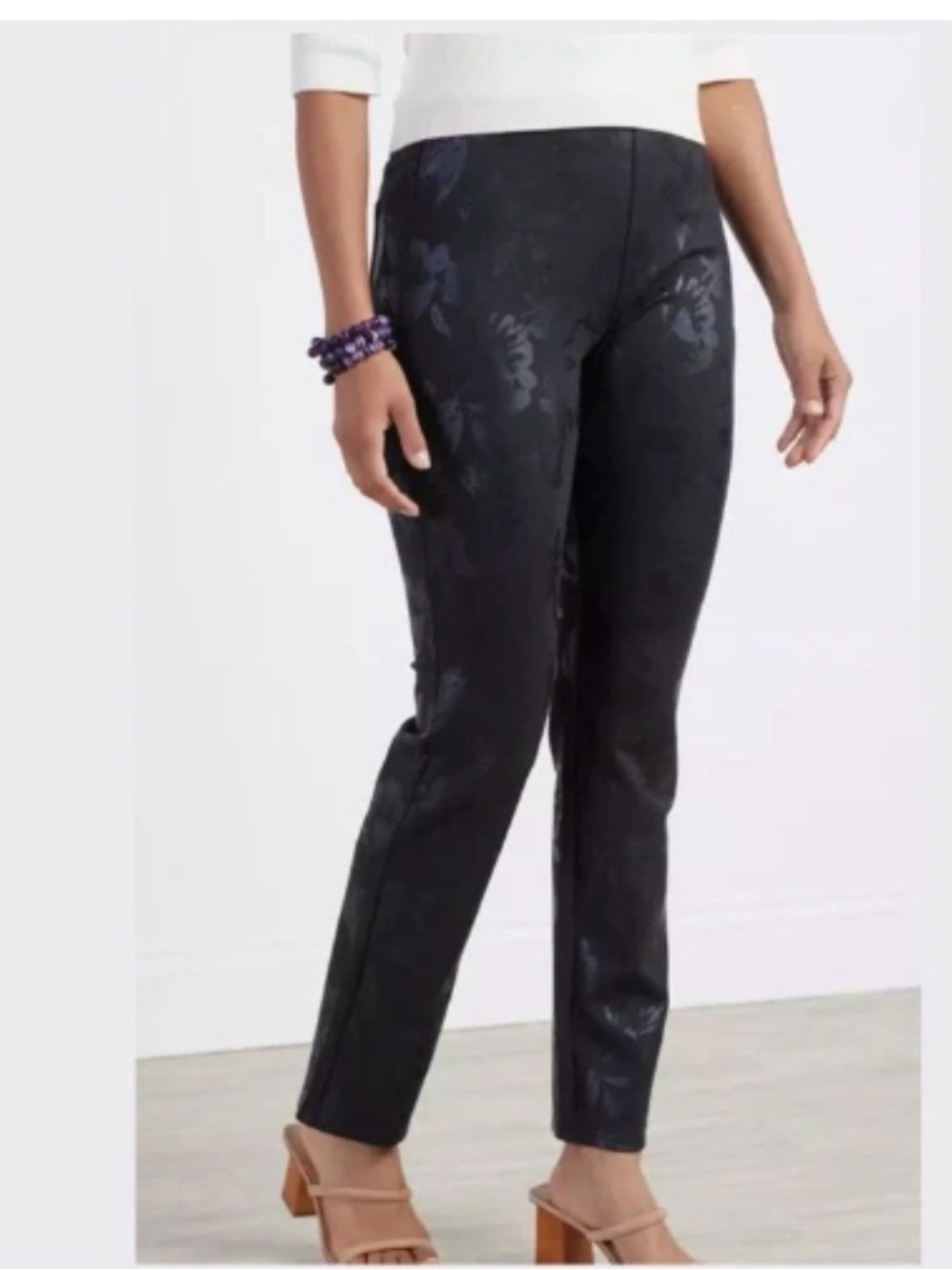 SOFT SURROUNDINGS Sz PM Black Pants Perfect Ponte Floral Pull-On Straight Gothic